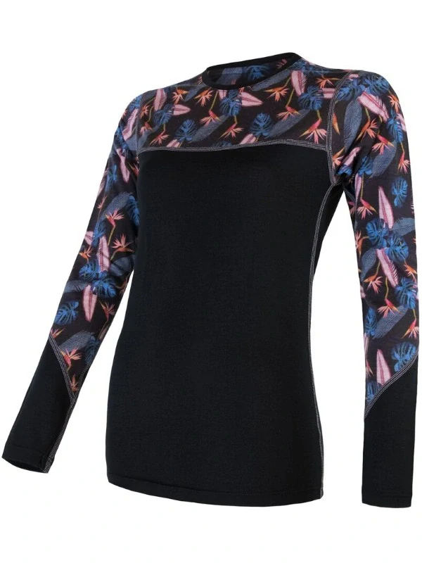 MERINO IMPRESS SENSOR - dámské triko, dlouhý rukáv, ČERNÁ/FLORAL