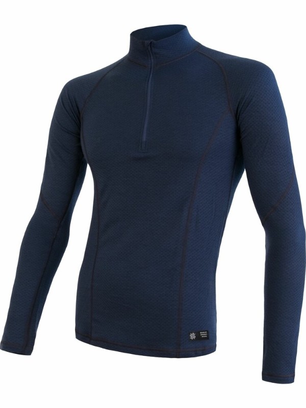MERINO SENSOR DF - pánské tričko, dlouhý rukáv, zip u krku, deep blue