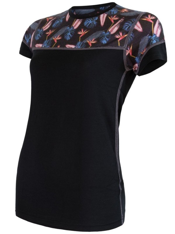 MERINO IMPRESS SENSOR - dámské triko, krátký rukáv, ČERNÁ/FLORAL
