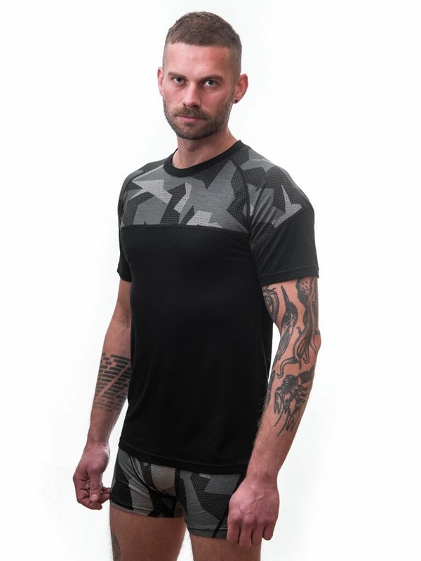 MERINO IMPRESS SENSOR - pánské triko, krátký rukáv, ČERNÁ/CAMO
