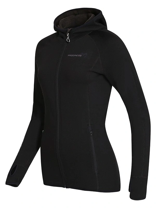 INGRID dámská merino mikina s kapucí, celozip, černá