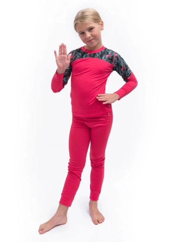 MERINO IMPRESS SENSOR dětský/juniorský set trička s dlouhým rukávem a spodků, magenta - floral