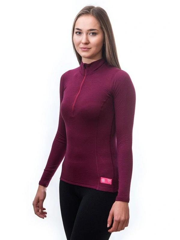 MERINO SENSOR DF - dámské tričko, dlouhý rukáv, zip u krku, lilla