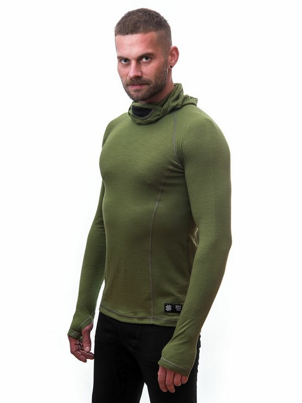 MERINO SENSOR DF - pánské tričko s kapucí, dlouhý rukáv, safari