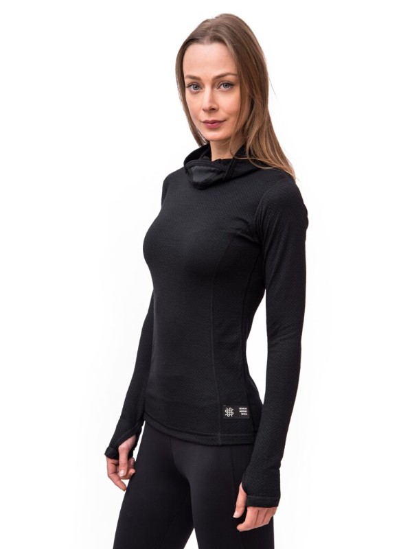 MERINO SENSOR DF - dámské tričko, dlouhý rukáv s kapucí, černá