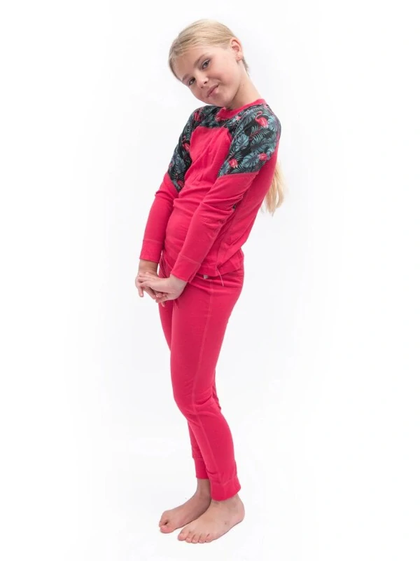 MERINO IMPRESS SENSOR dětský/juniorský set trička s dlouhým rukávem a spodků, magenta - floral