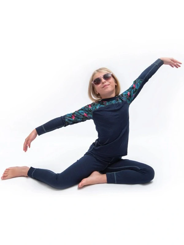 MERINO IMPRESS SENSOR dětský/juniorský set trička s dlouhým rukávem a spodků, deep blue - floral