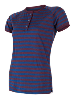 MERINO AIR NEW PT SENSOR - dámské tričko, polo s krátkým rukávem a knoflíky, modrá - vínová pruhy